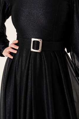 Sim Detaylı Abiye Elbise Siyah - Tesettür Elbise