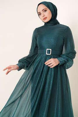 Sim Detaylı Abiye Elbise Zümrüt - Tesettür Elbise
