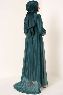 Sim Detaylı Abiye Elbise Zümrüt - Tesettür Elbise