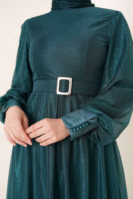 Sim Detaylı Abiye Elbise Zümrüt - Tesettür Elbise