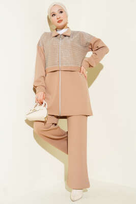 Sim Detaylı Fermuarlı Scuba İkili Takım Latte - İkili Takım