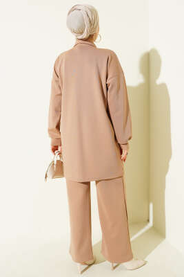 Sim Detaylı Fermuarlı Scuba İkili Takım Latte - İkili Takım