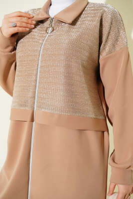 Sim Detaylı Fermuarlı Scuba İkili Takım Latte - İkili Takım