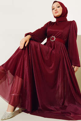 Simli Kemerli Abiye Elbise Bordo 