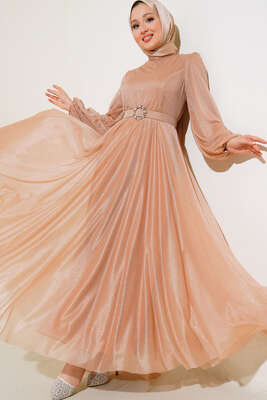 Simli Kemerli Abiye Elbise Camel 