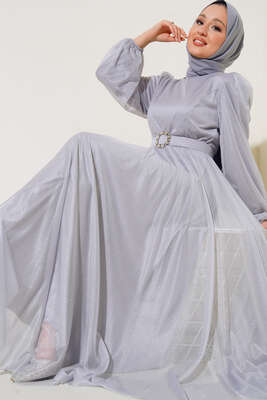 Simli Kemerli Abiye Elbise Gri 