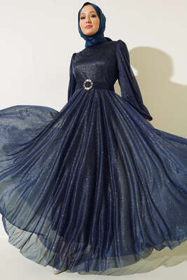 Simli Kemerli Abiye Elbise Lacivert 