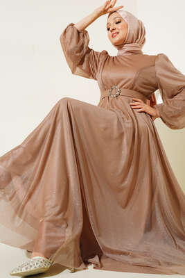 Simli Kemerli Abiye Elbise Latte 