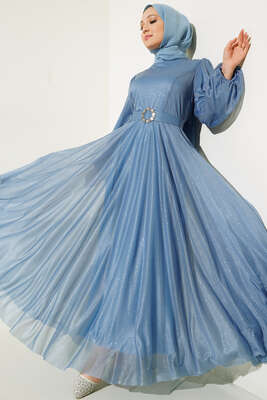 Simli Kemerli Abiye Elbise Mavi 