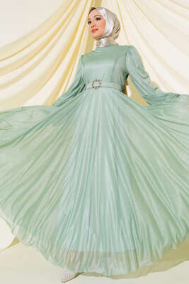 Simli Kemerli Abiye Elbise Mint 