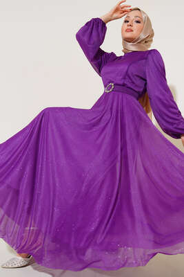 Simli Kemerli Abiye Elbise Mor - Tesettür Elbise