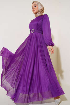 Simli Kemerli Abiye Elbise Mor - Tesettür Elbise