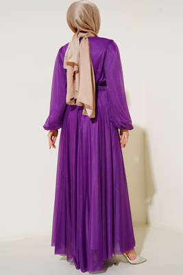 Simli Kemerli Abiye Elbise Mor - Tesettür Elbise