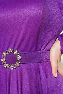 Simli Kemerli Abiye Elbise Mor - Tesettür Elbise