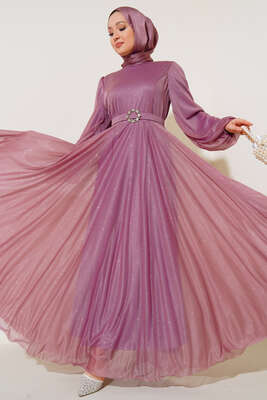 Simli Kemerli Abiye Elbise Pudra 