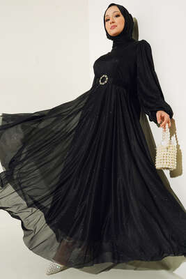Simli Kemerli Abiye Elbise Siyah 