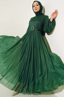 Simli Kemerli Abiye Elbise Zümrüt 