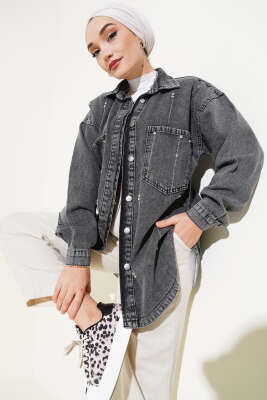 Sıra Taşlı Cepli Kot Ceket Füme 