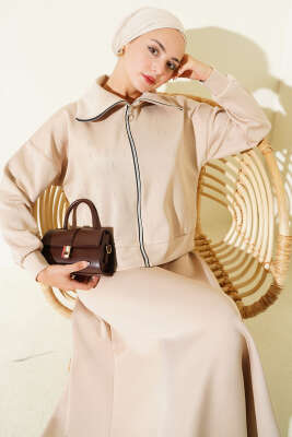 Sıra Taşlı Etekli Scuba İkili Takım Bej 