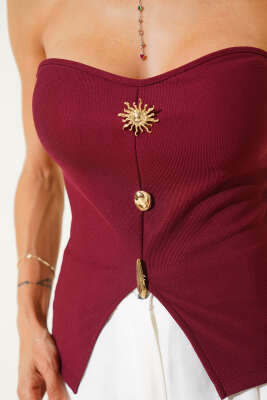 Straplez Düğme Detaylı Kaşkorse Bluz Bordo - Kadın Giyim Modelleri