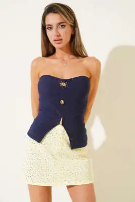 Straplez Düğme Detaylı Kaşkorse Bluz Lacivert 