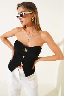 Straplez Düğme Detaylı Kaşkorse Bluz Siyah 