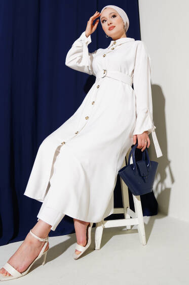 Tahta Düğmeli Kuşaklı Tensel Uzun Gömlek Beyaz - Gömlek