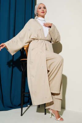 Taş Fiyonklu Kimono İkili Takım Bej 