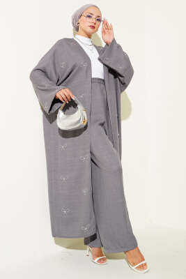 Taş Fiyonklu Kimono İkili Takım Füme 