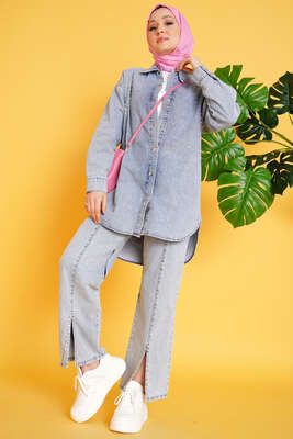 Taş Süsleme Denim İkili Takım Açık Mavi 