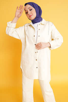 Taş Süsleme Denim İkili Takım Ekru - İKİLİ TAKIM