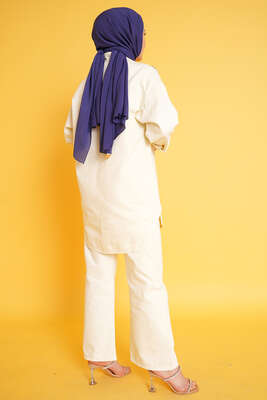 Taş Süsleme Denim İkili Takım Ekru - İKİLİ TAKIM