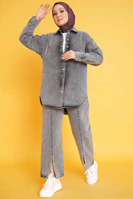 Taş Süsleme Denim İkili Takım Gri 