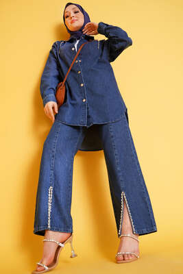 Taş Süsleme Denim İkili Takım Kot Mavisi 