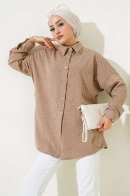 Taşlı Düşük Omuz Gömlek Camel - Gömlek