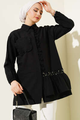 Taşlı Fırfırlı Gömlek Siyah