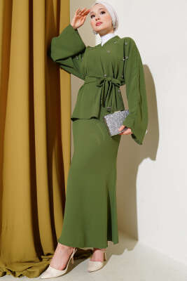 Taşlı İnci Süslemeli Etekli İkili Takım Haki