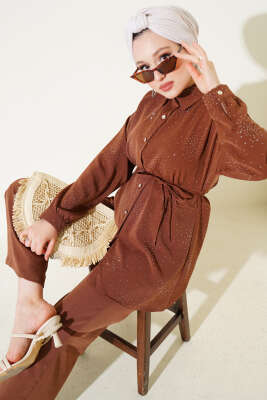 Taşlı İp Kuşaklı İkili Takım Kahve - İkili Takım