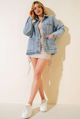 Taşlı Torba Cep Kot Ceket Kar Yıkama - Spor Ceket