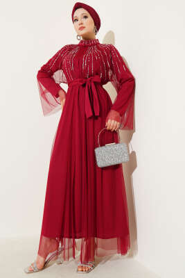 Taşlı Tül Pelerinli Abaya Bordo 