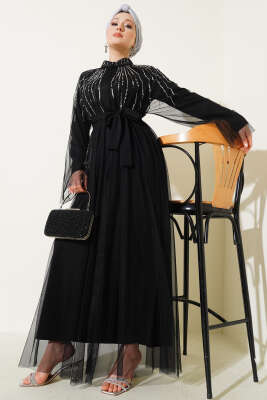 Taşlı Tül Pelerinli Abaya Siyah
