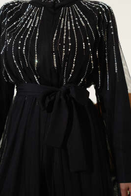 Taşlı Tül Pelerinli Abaya Siyah - Elbise