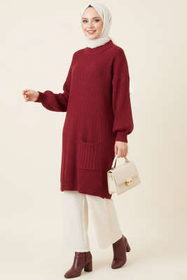 Tek Cep Örgülü Uzun Triko Tunik Bordo