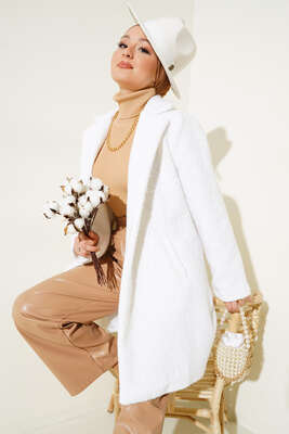 Tek Düğmeli Buklet Kaban Beyaz 