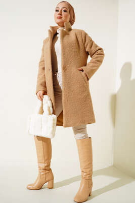 Tek Düğmeli Buklet Kaban Camel 