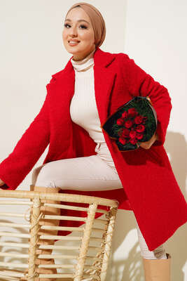 Tek Düğmeli Buklet Kaban Kırmızı 