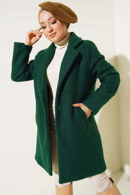 Tek Düğmeli Buklet Kaban Zümrüt Yeşil 