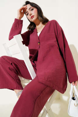 Tek Düğmeli Cepli İkili Takım Burgonya 