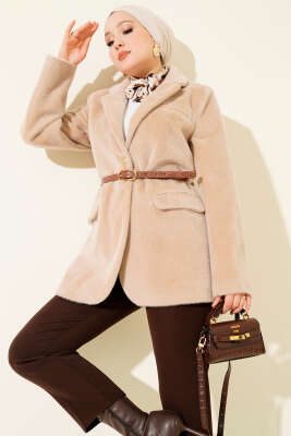 Tek Düğmeli Kemerli Sakallı Ceket Bej 