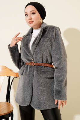 Tek Düğmeli Kemerli Sakallı Ceket Füme - BERAT TEKSTİL